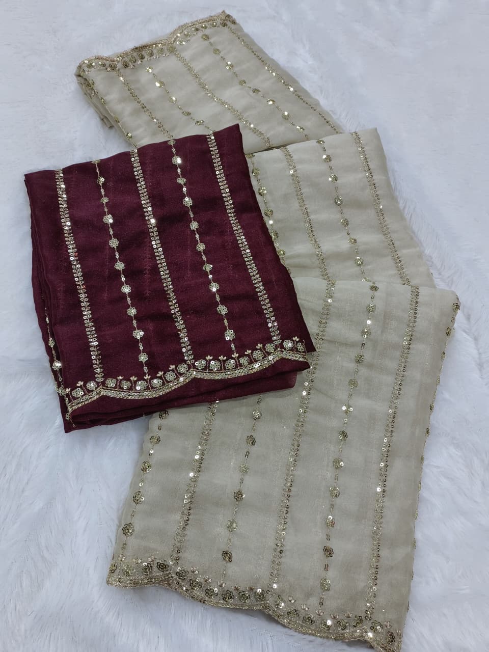 Moon Light Cream Sequence Embroidered Saree with Sepreate Blouse Piece