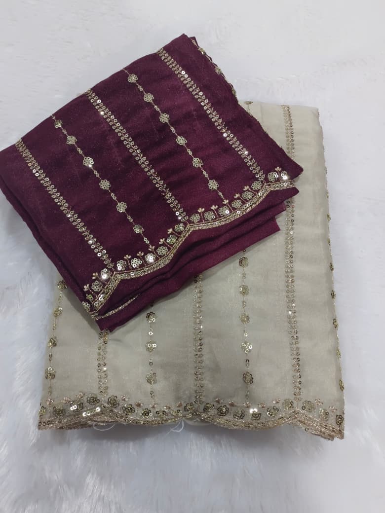Moon Light Cream Sequence Embroidered Saree with Sepreate Blouse Piece