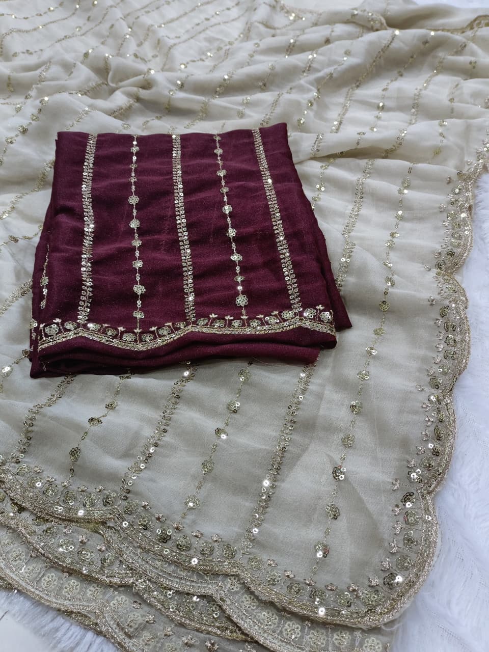Moon Light Cream Sequence Embroidered Saree with Sepreate Blouse Piece