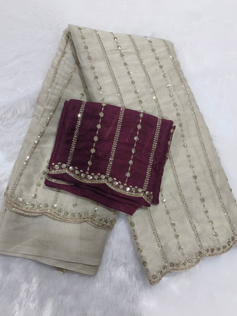 Moon Light Cream Sequence Embroidered Saree with Sepreate Blouse Piece